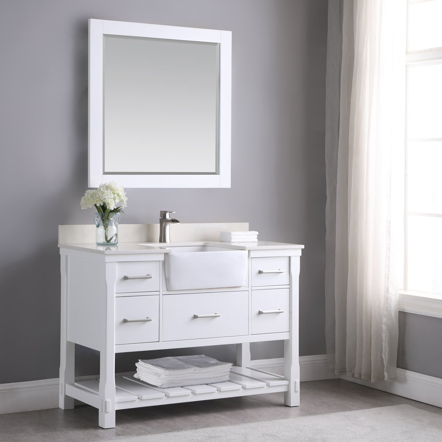 Georgia Single Bathroom Vanity Set in Jewelry Blue and Composite Carrara White Stone Top with White Farmhouse Basin with Mirror