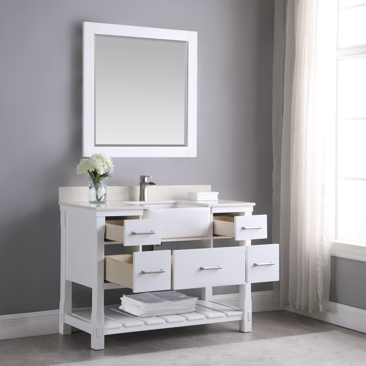 Georgia Single Bathroom Vanity Set in Jewelry Blue and Composite Carrara White Stone Top with White Farmhouse Basin with Mirror