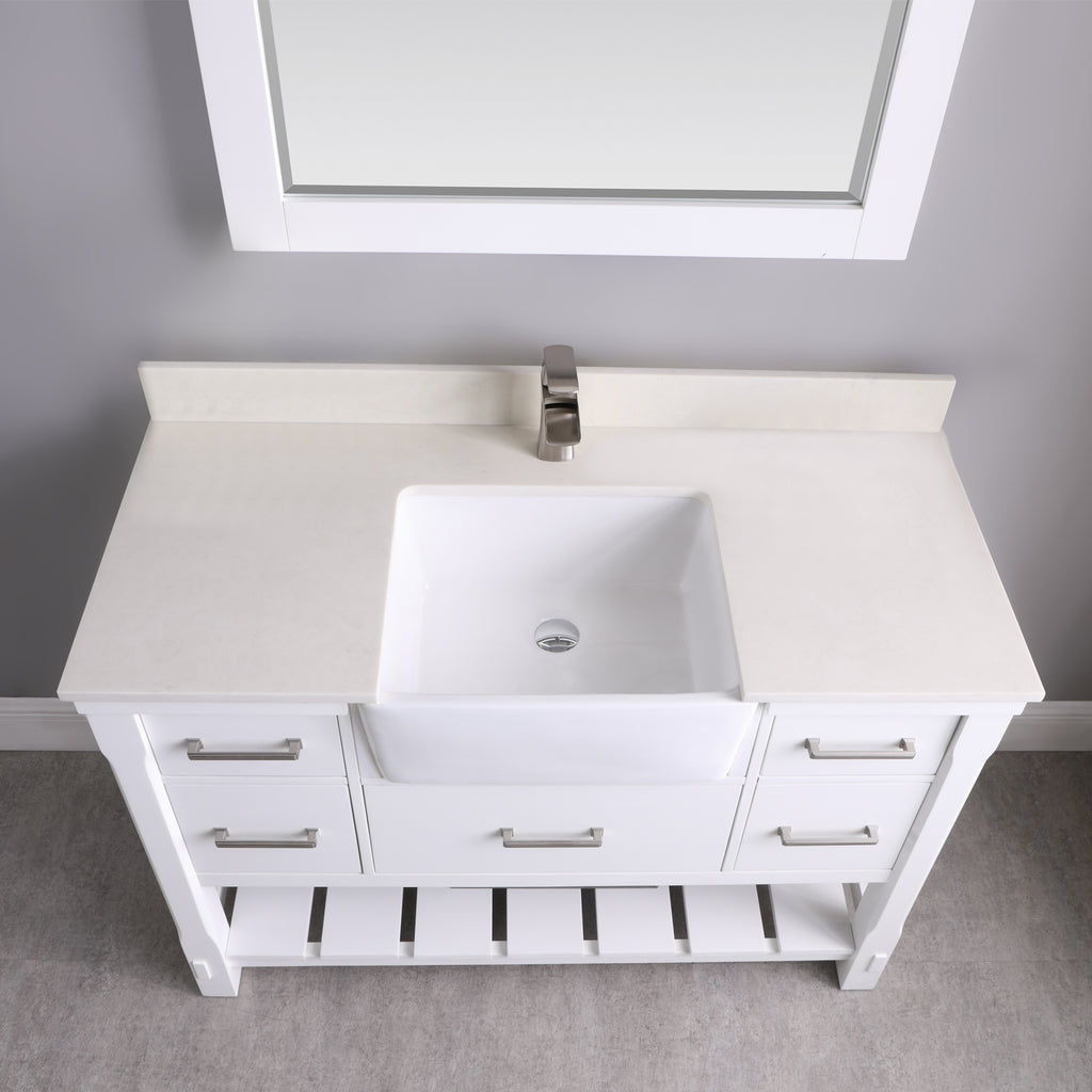 Georgia Single Bathroom Vanity Set in Jewelry Blue and Composite Carrara White Stone Top with White Farmhouse Basin with Mirror