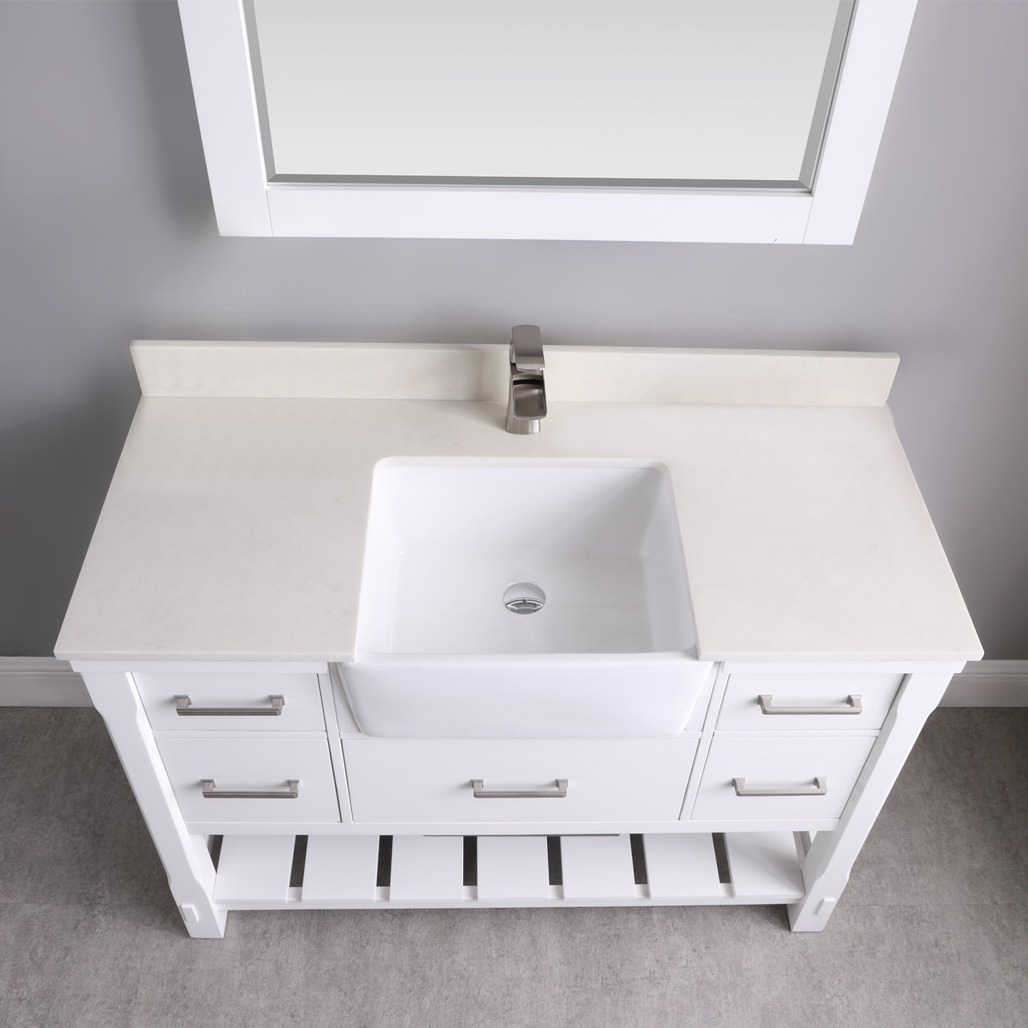 Georgia Single Bathroom Vanity Set in Jewelry Blue and Composite Carrara White Stone Top with White Farmhouse Basin with Mirror