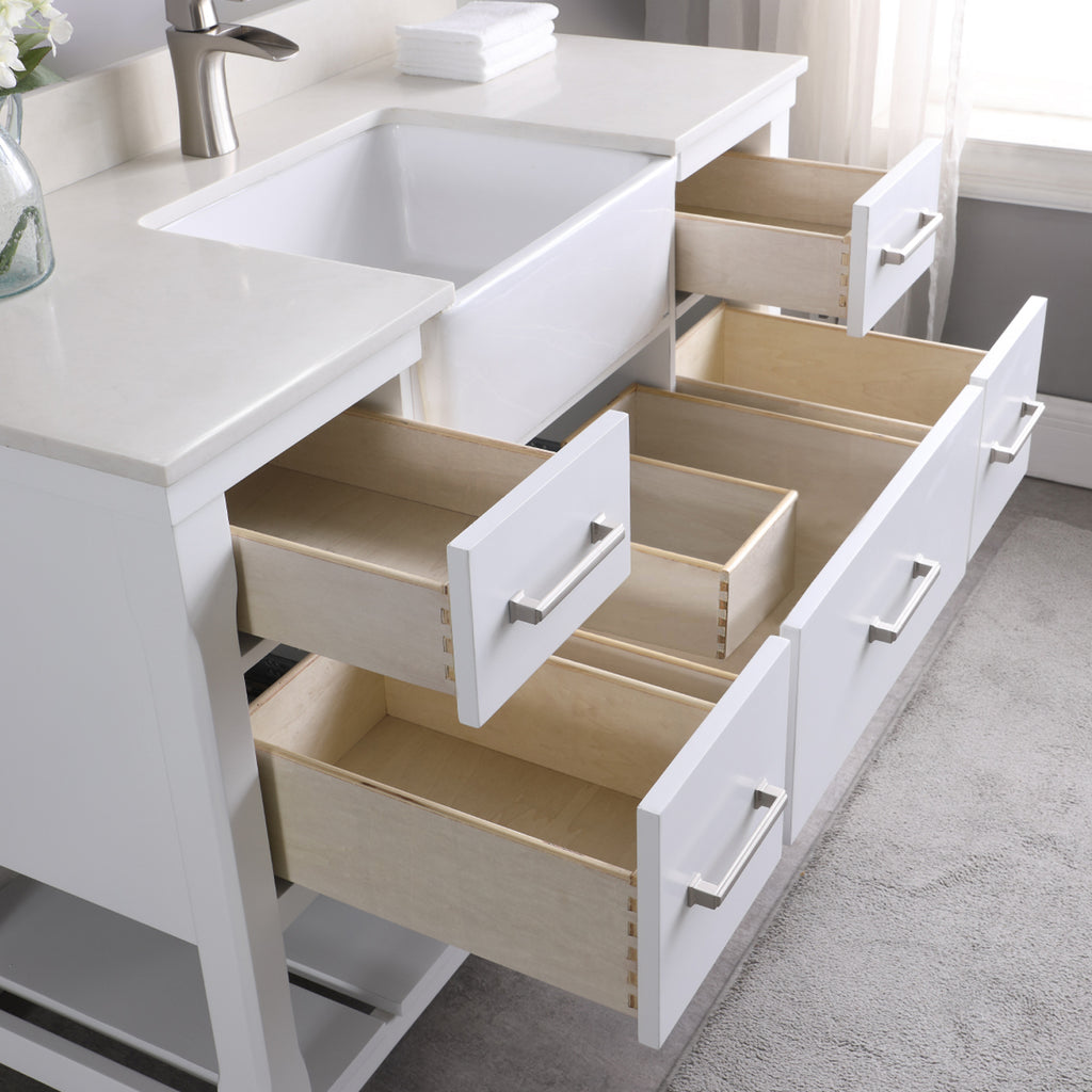 Georgia Single Bathroom Vanity Set in Jewelry Blue and Composite Carrara White Stone Top with White Farmhouse Basin with Mirror