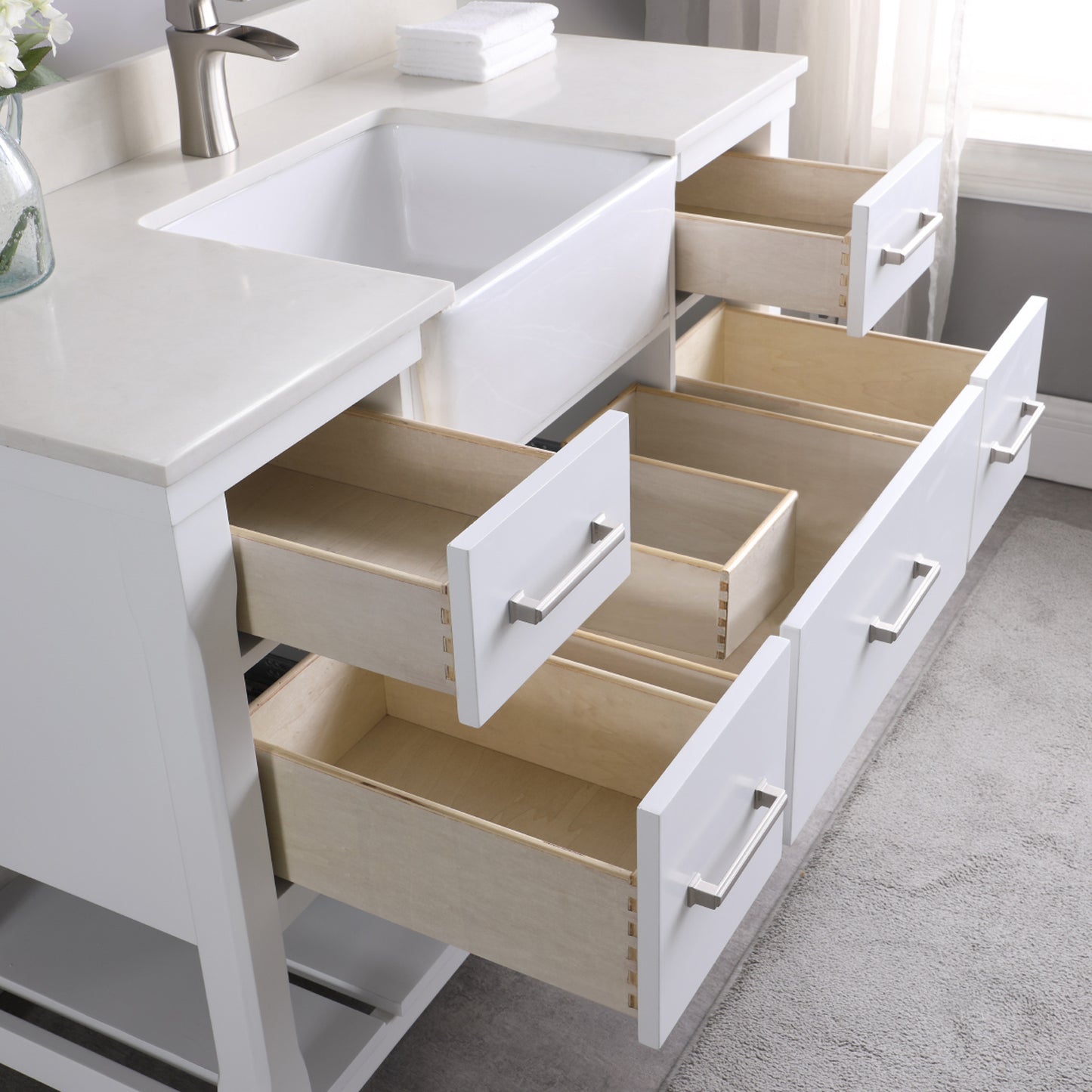 Georgia Single Bathroom Vanity Set in Jewelry Blue and Composite Carrara White Stone Top with White Farmhouse Basin with Mirror