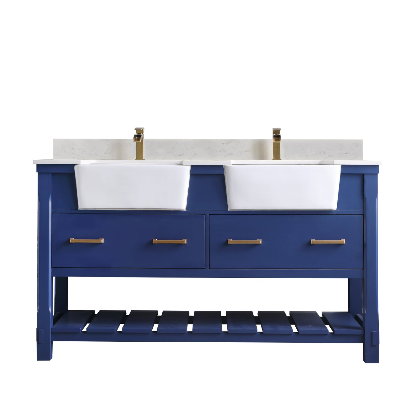 Georgia Double Bathroom Vanity Set in Jewelry Blue and Composite Carrara White Stone Top with White Farmhouse Basin