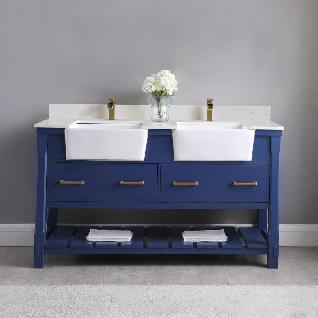 Georgia Double Bathroom Vanity Set in Jewelry Blue and Composite Carrara White Stone Top with White Farmhouse Basin
