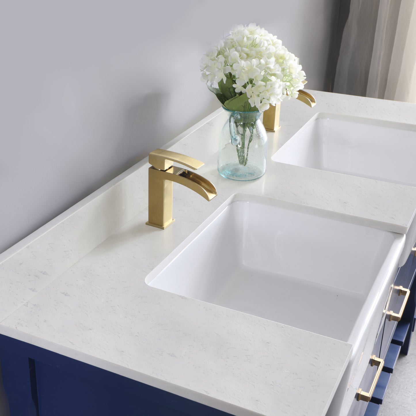 Georgia Double Bathroom Vanity Set in Jewelry Blue and Composite Carrara White Stone Top with White Farmhouse Basin