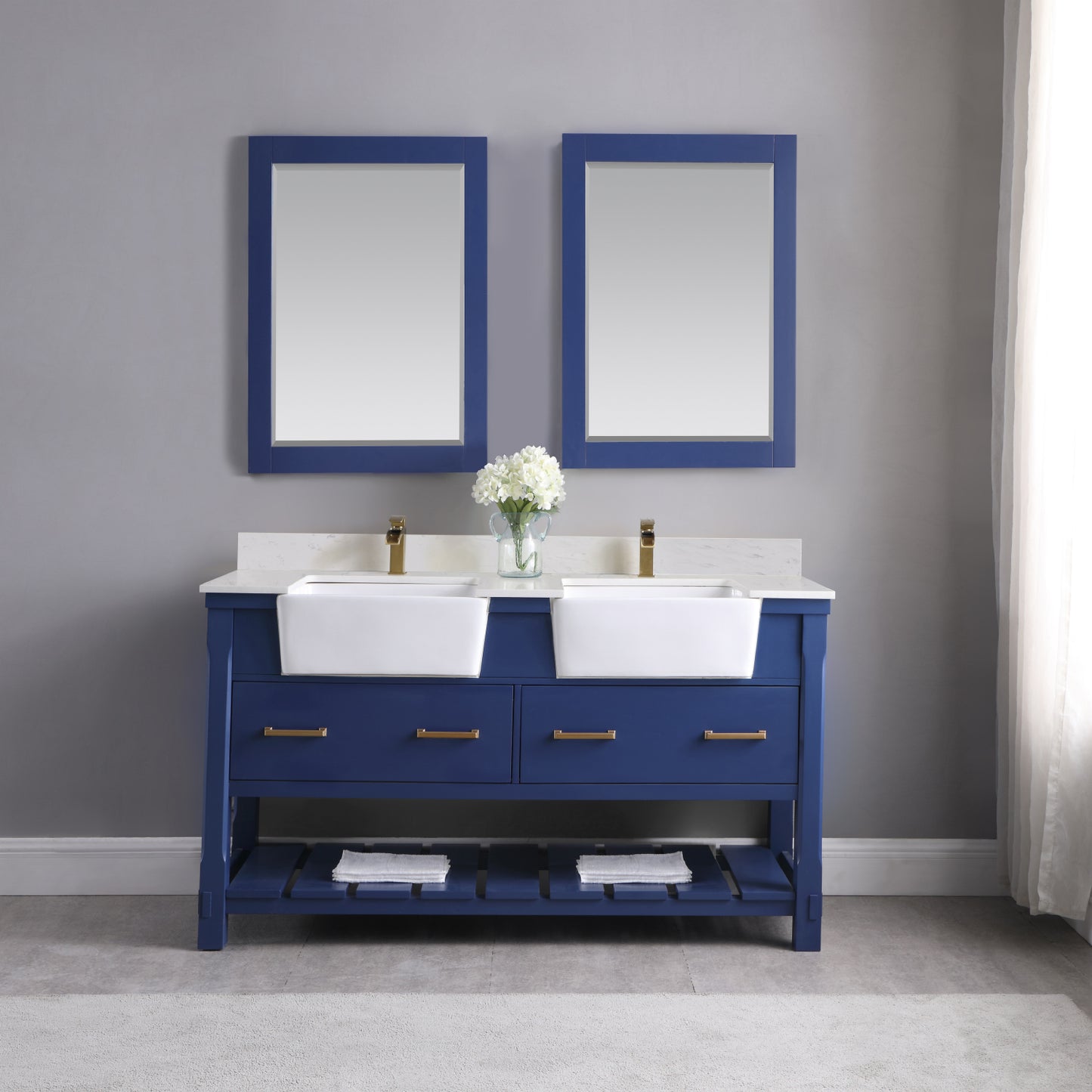 Georgia Double Bathroom Vanity Set in Jewelry Blue and Composite Carrara White Stone Top with White Farmhouse Basin