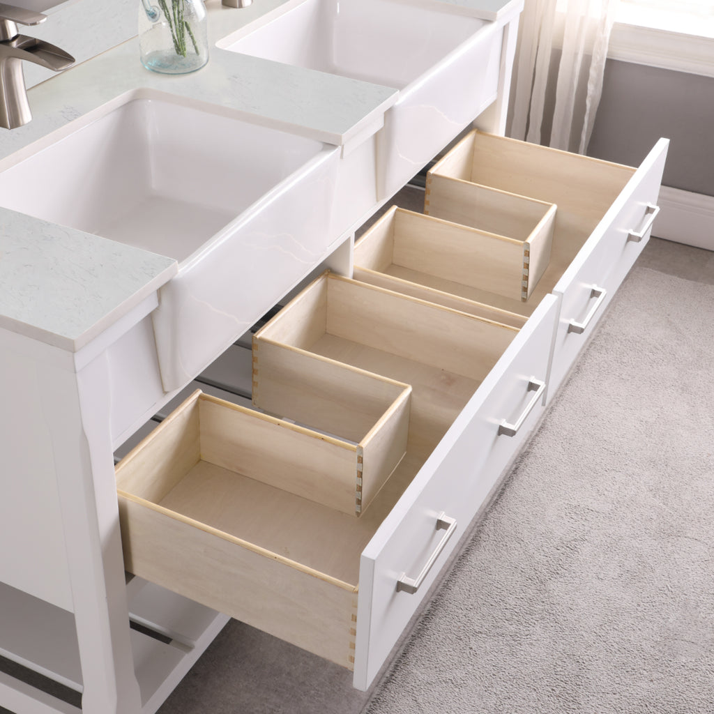 Georgia Double Bathroom Vanity Set in Jewelry Blue and Composite Carrara White Stone Top with White Farmhouse Basin