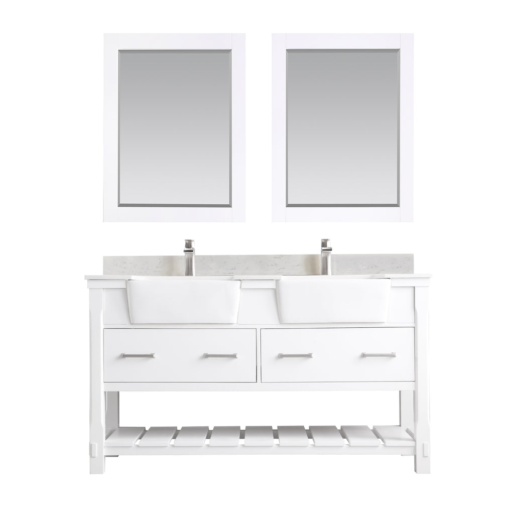 Georgia Double Bathroom Vanity Set in Jewelry Blue and Composite Carrara White Stone Top with White Farmhouse Basin