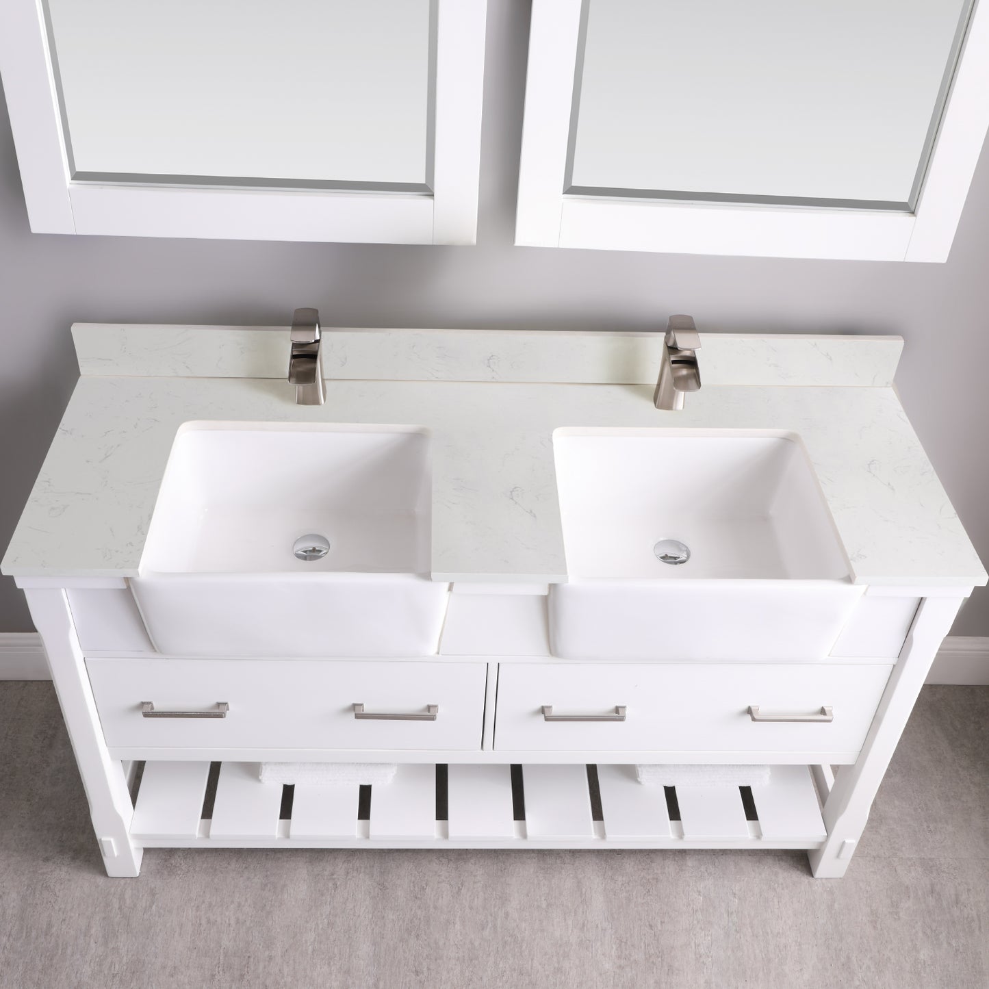 Georgia Double Bathroom Vanity Set in Jewelry Blue and Composite Carrara White Stone Top with White Farmhouse Basin
