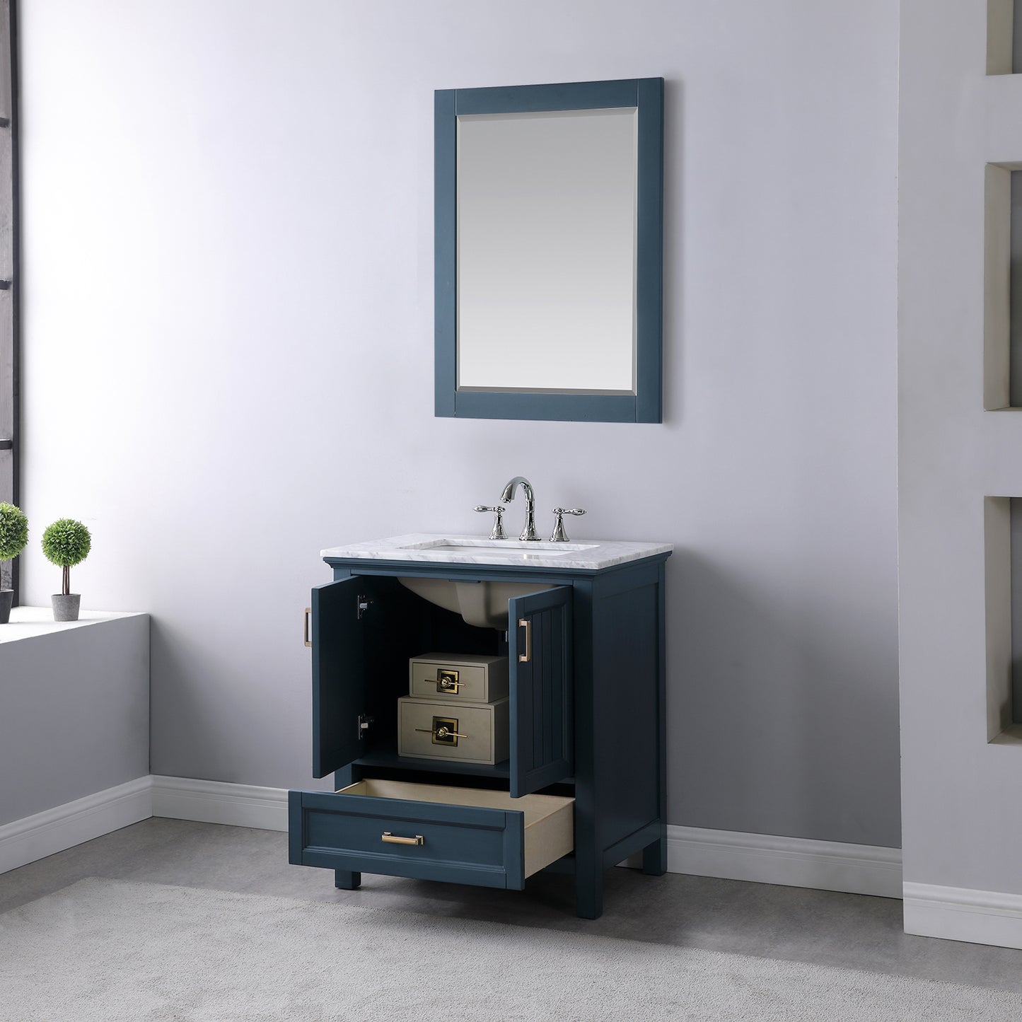 Isla Single Bathroom Vanity Set in Gray and Carrara White Marble Countertop