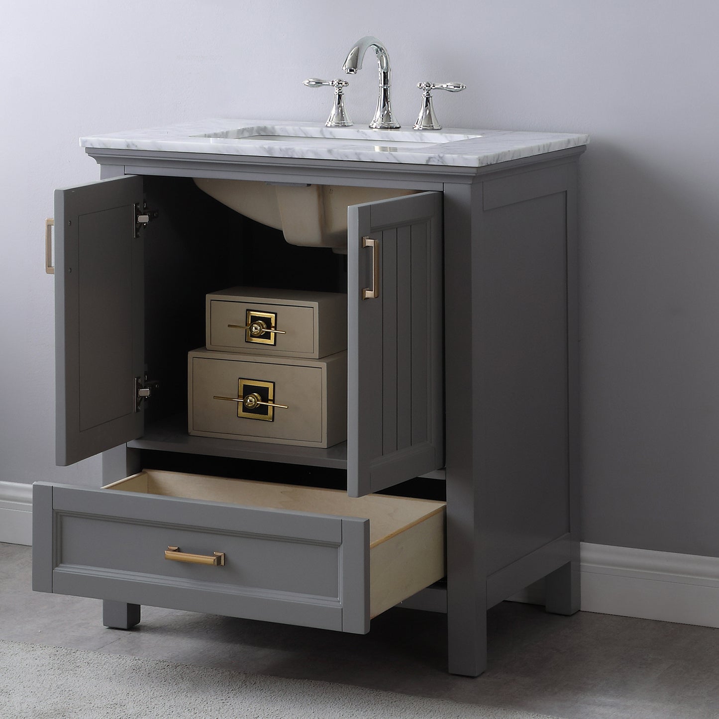 Isla Single Bathroom Vanity Set in Gray and Carrara White Marble Countertop