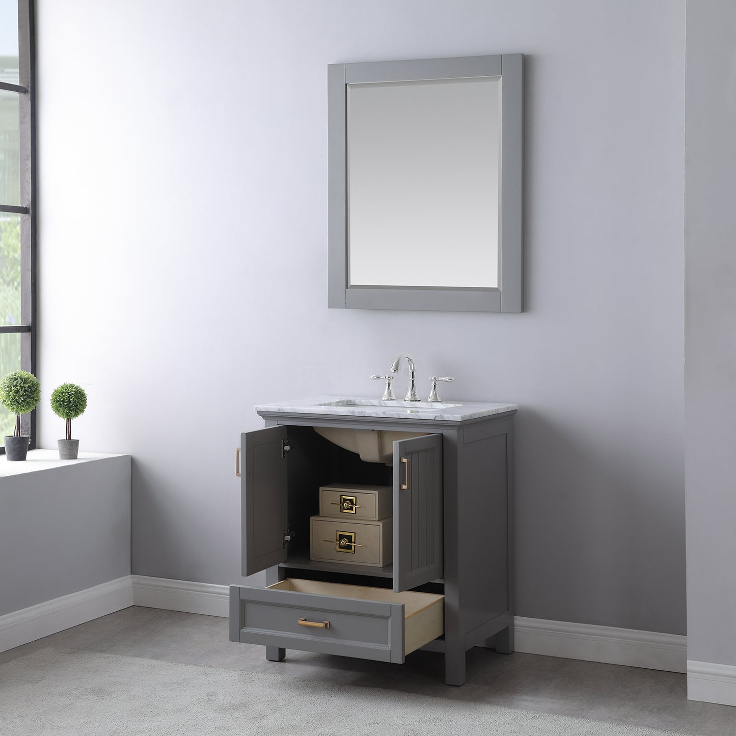 Isla Single Bathroom Vanity Set in Gray and Carrara White Marble Countertop