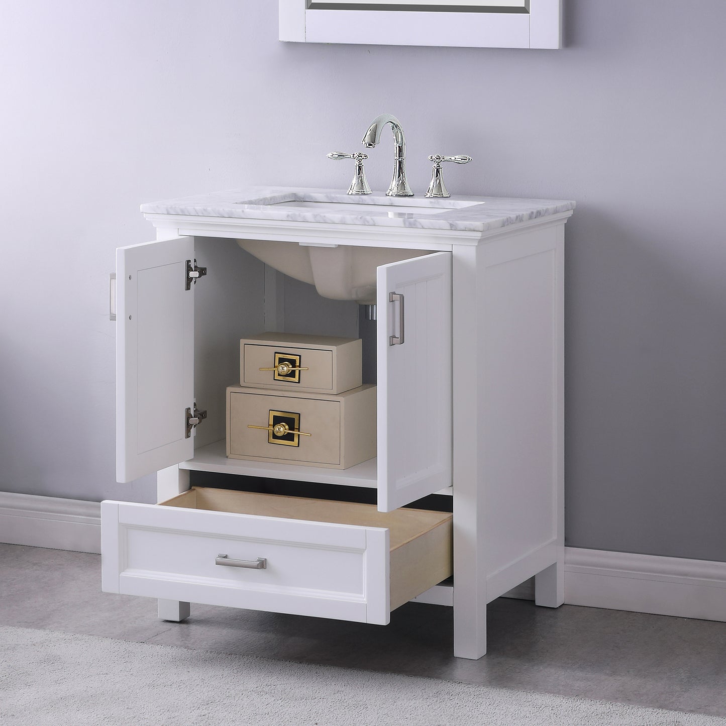 Isla Single Bathroom Vanity Set in Gray and Carrara White Marble Countertop