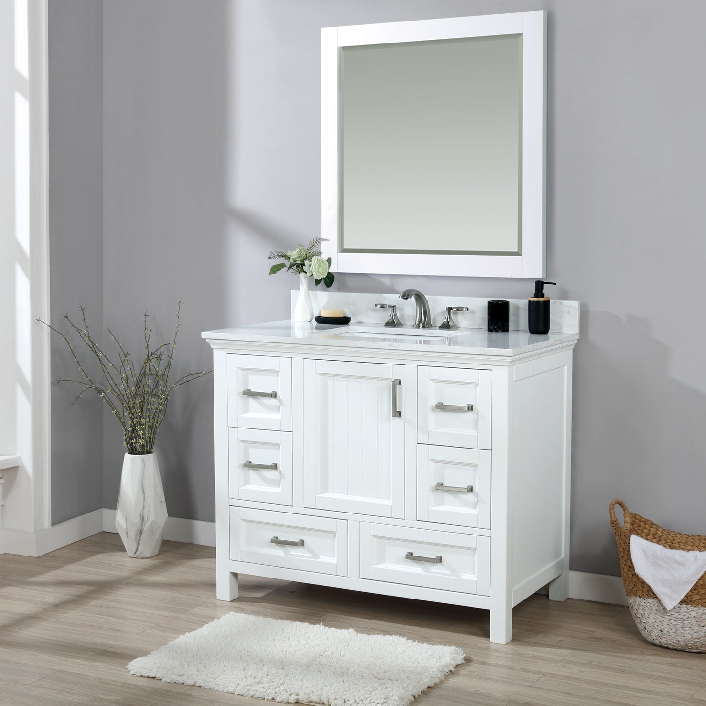 Isla Single Bathroom Vanity Set in White and Carrara White Marble Countertop with Mirror