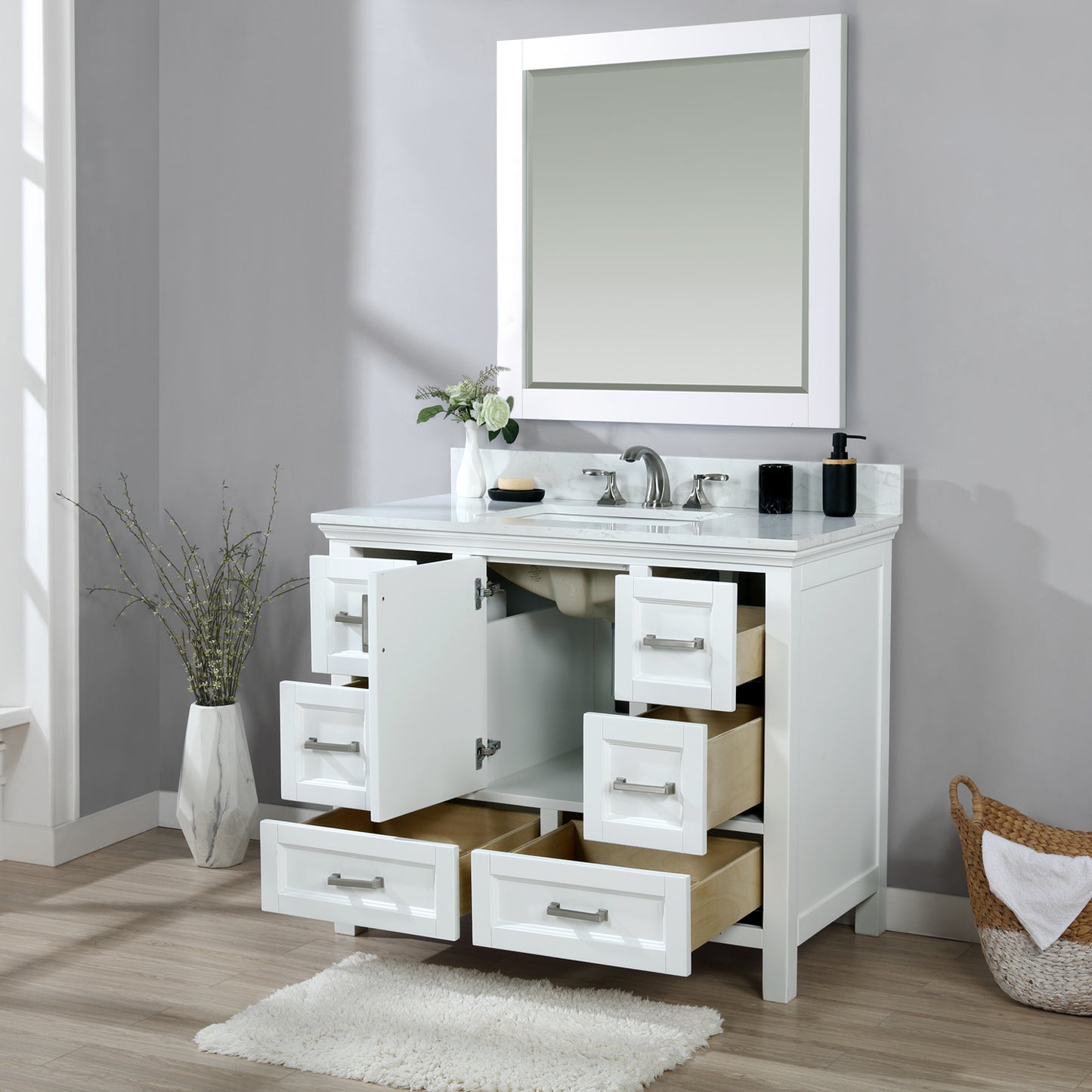 Isla Single Bathroom Vanity Set in White and Carrara White Marble Countertop with Mirror