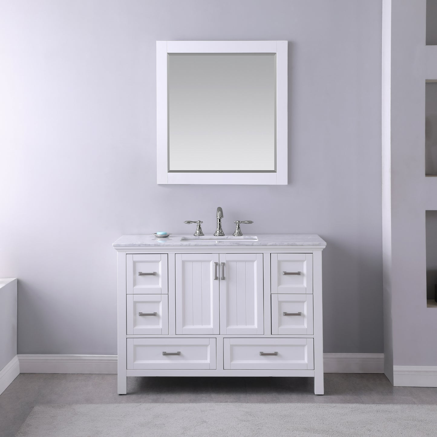 Isla Single Bathroom Vanity Set Carrara White Marble Countertop with Mirror