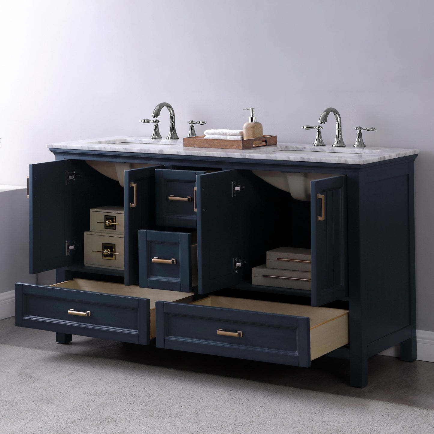 Isla Double Bathroom Vanity Set in Gray and Carrara White Marble Countertop