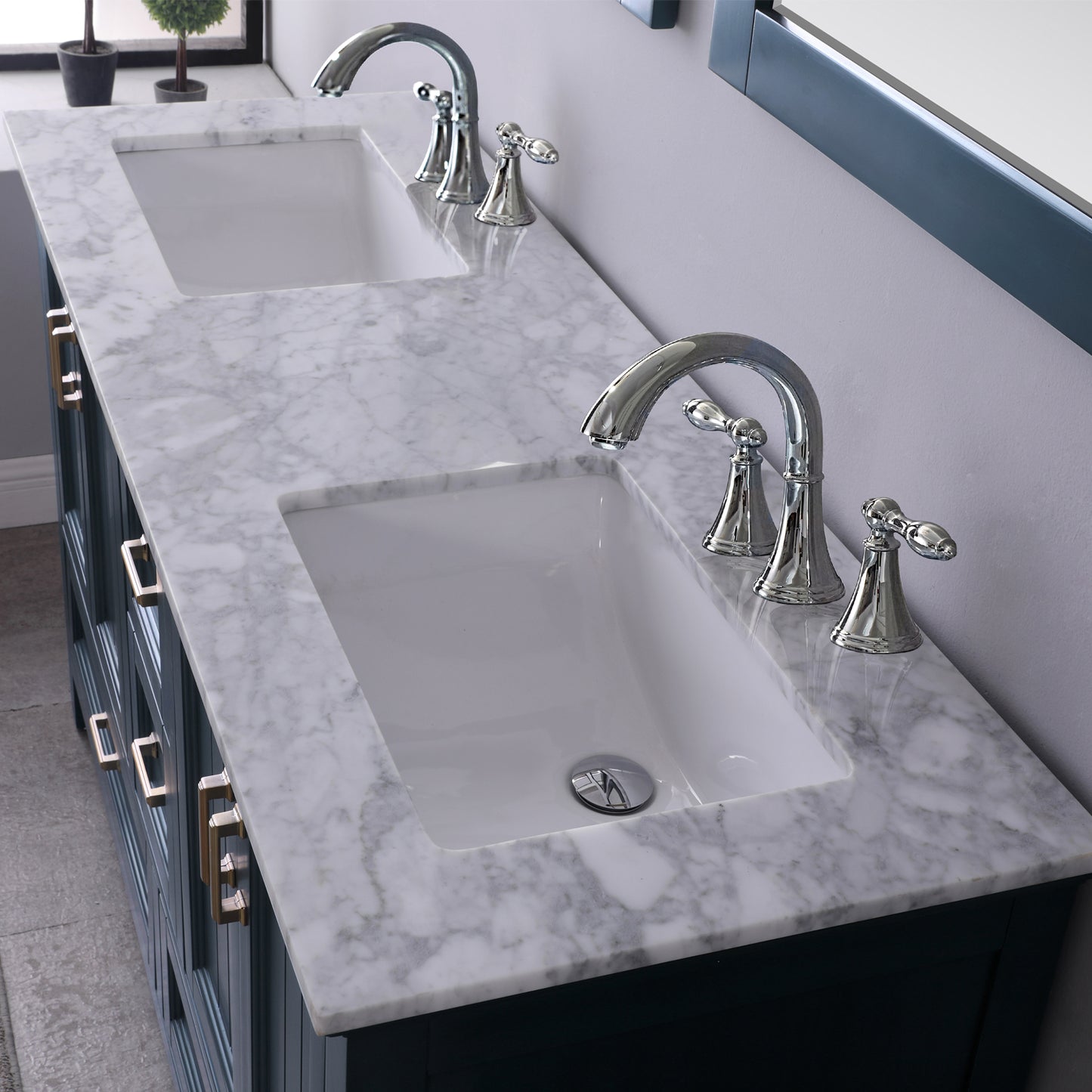 Isla Double Bathroom Vanity Set in Gray and Carrara White Marble Countertop