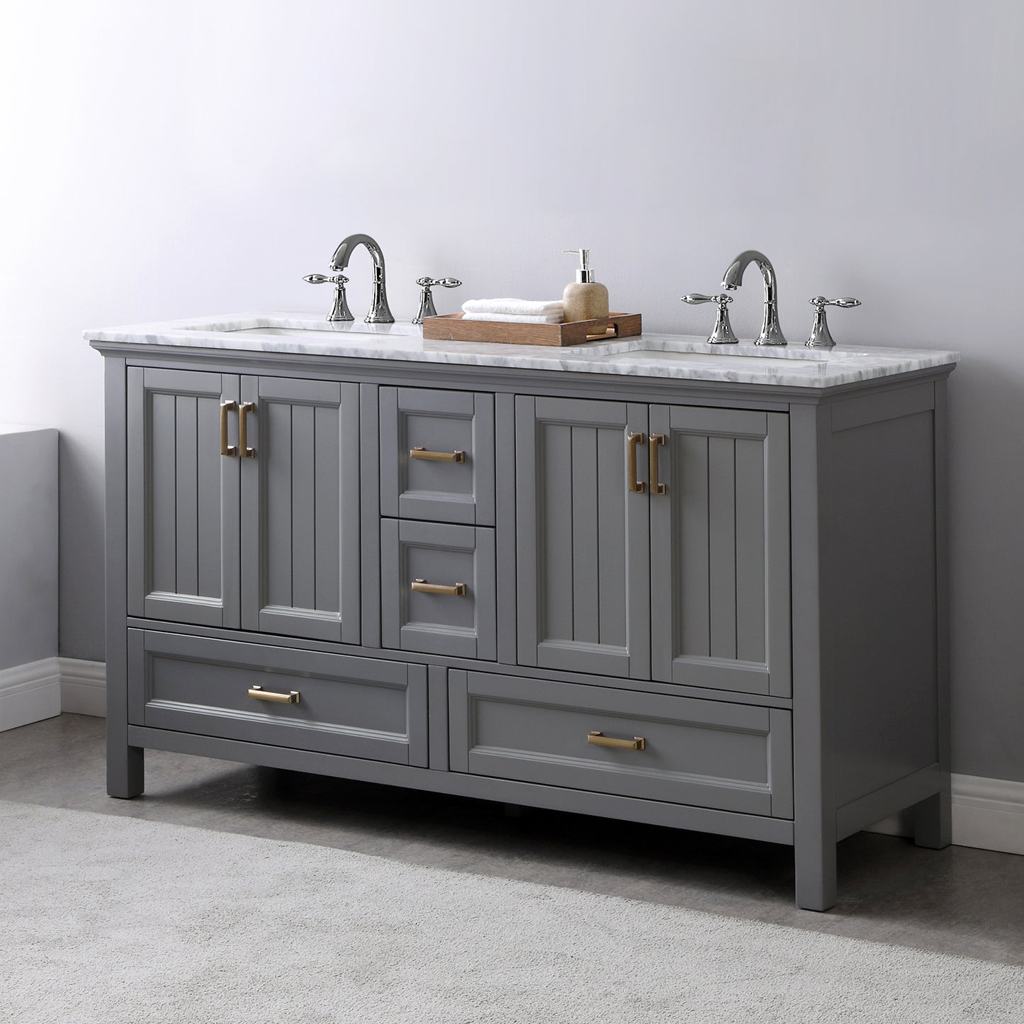 Isla Double Bathroom Vanity Set in Gray and Carrara White Marble Countertop