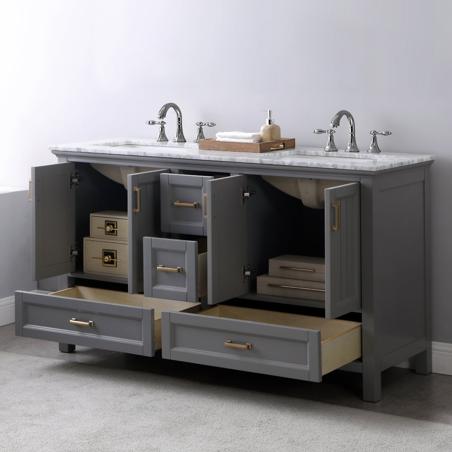 Isla Double Bathroom Vanity Set in Gray and Carrara White Marble Countertop