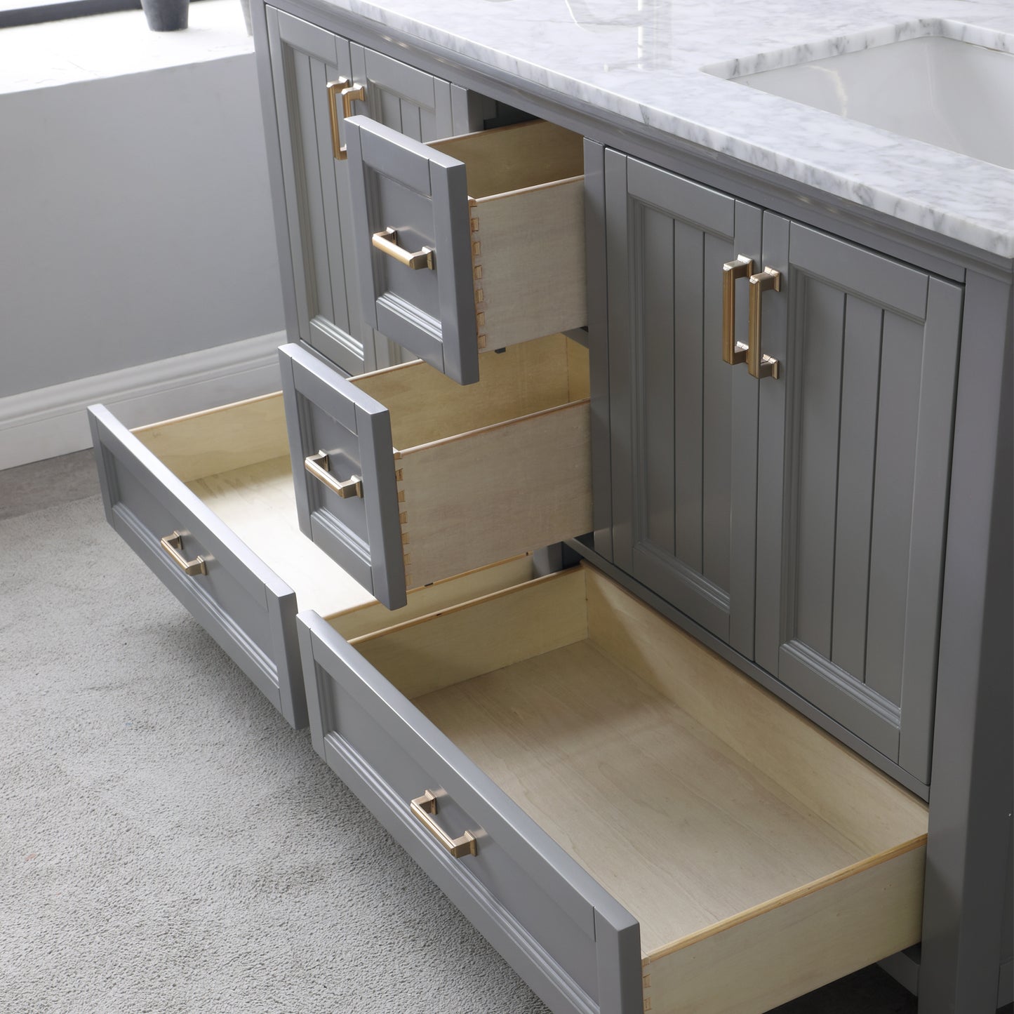 Isla Double Bathroom Vanity Set in Gray and Carrara White Marble Countertop