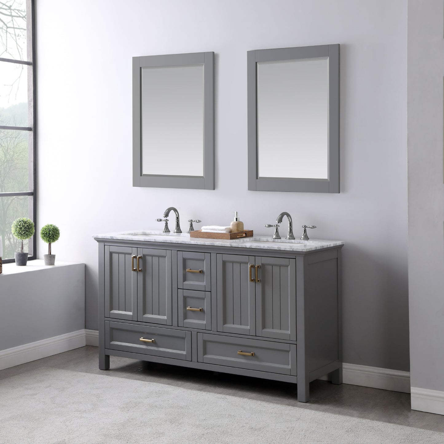 Isla Double Bathroom Vanity Set in Gray and Carrara White Marble Countertop