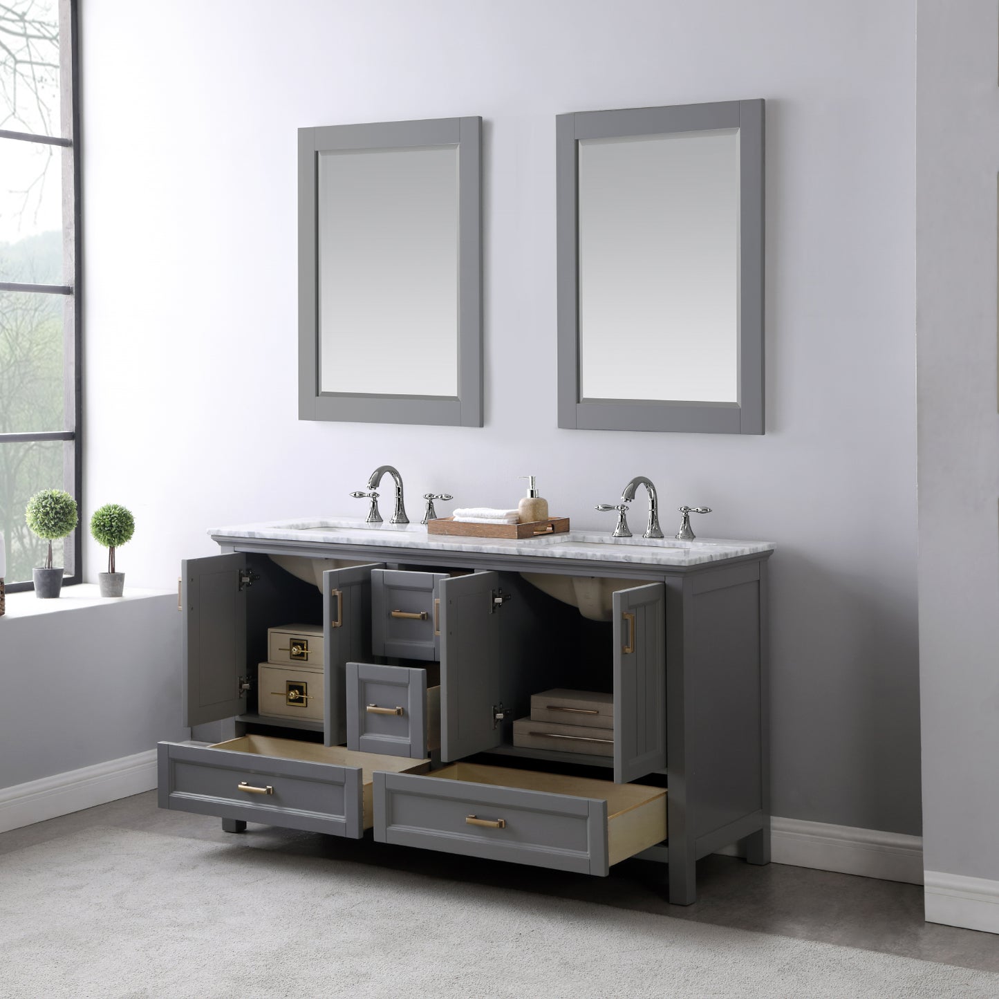 Isla Double Bathroom Vanity Set in Gray and Carrara White Marble Countertop