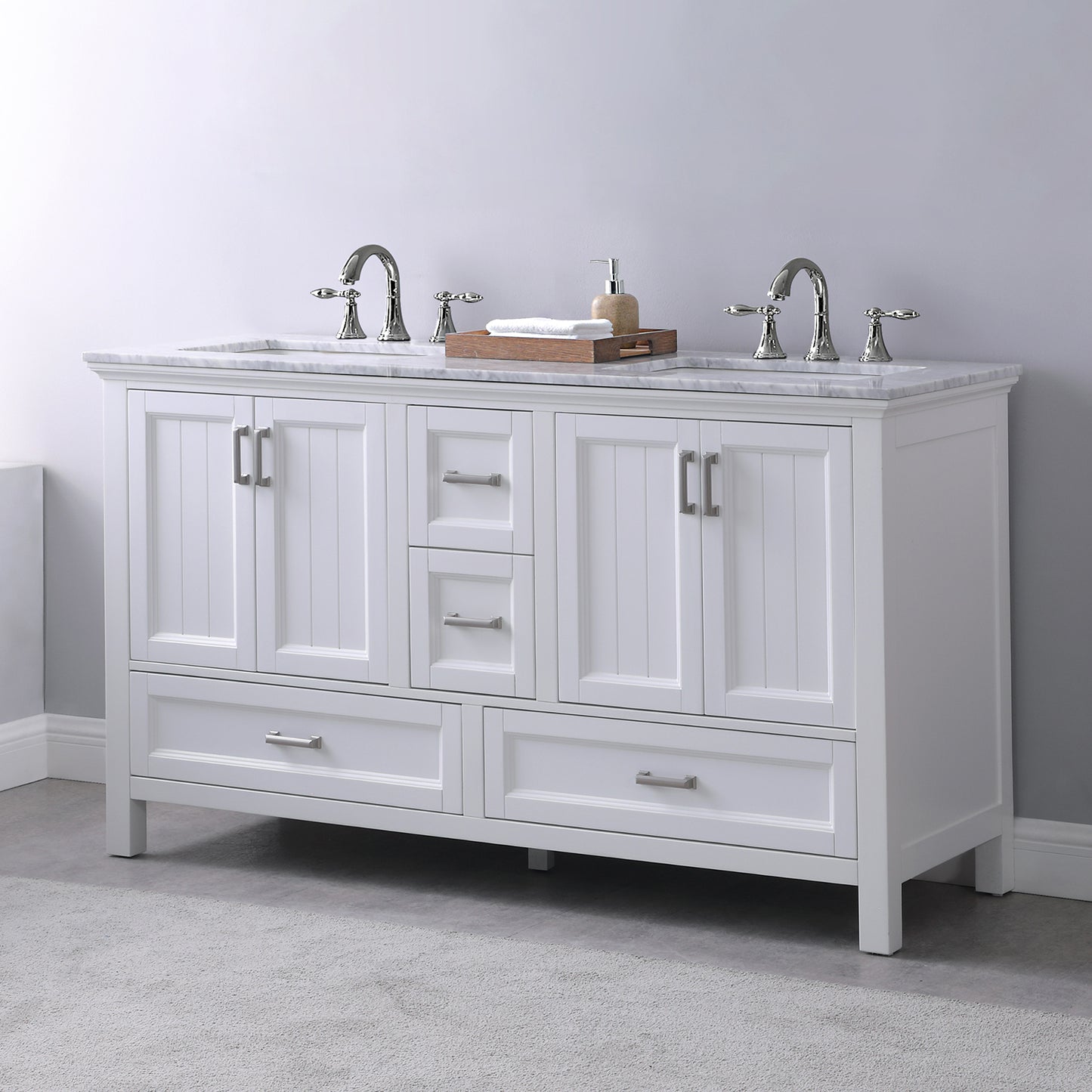 Isla Double Bathroom Vanity Set in Gray and Carrara White Marble Countertop