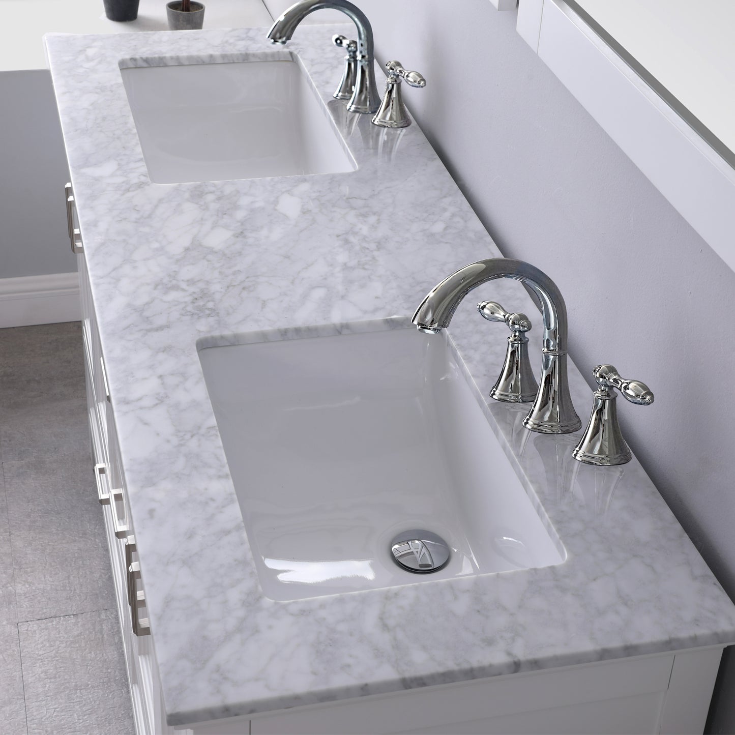 Isla Double Bathroom Vanity Set in Gray and Carrara White Marble Countertop