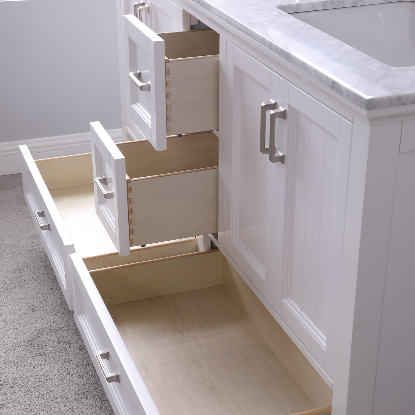 Isla Double Bathroom Vanity Set in Gray and Carrara White Marble Countertop