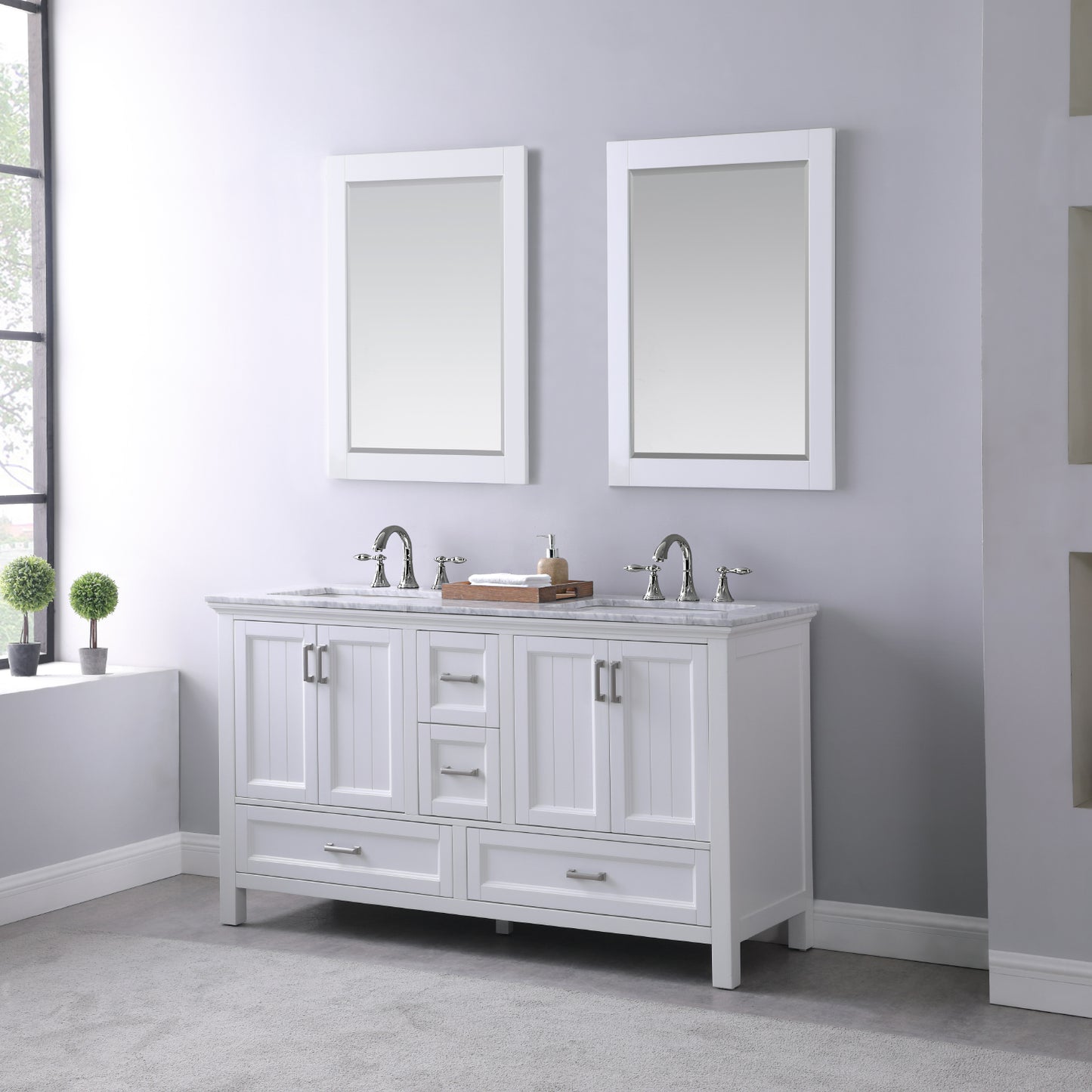 Isla Double Bathroom Vanity Set in Gray and Carrara White Marble Countertop
