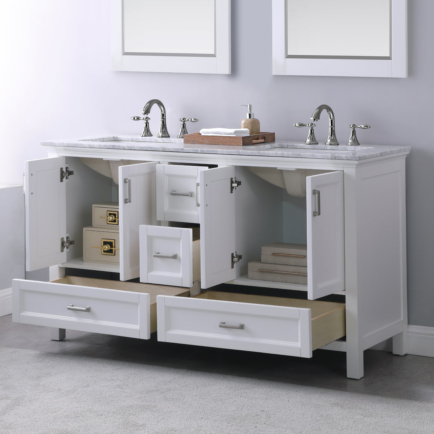 Isla Double Bathroom Vanity Set in Gray and Carrara White Marble Countertop
