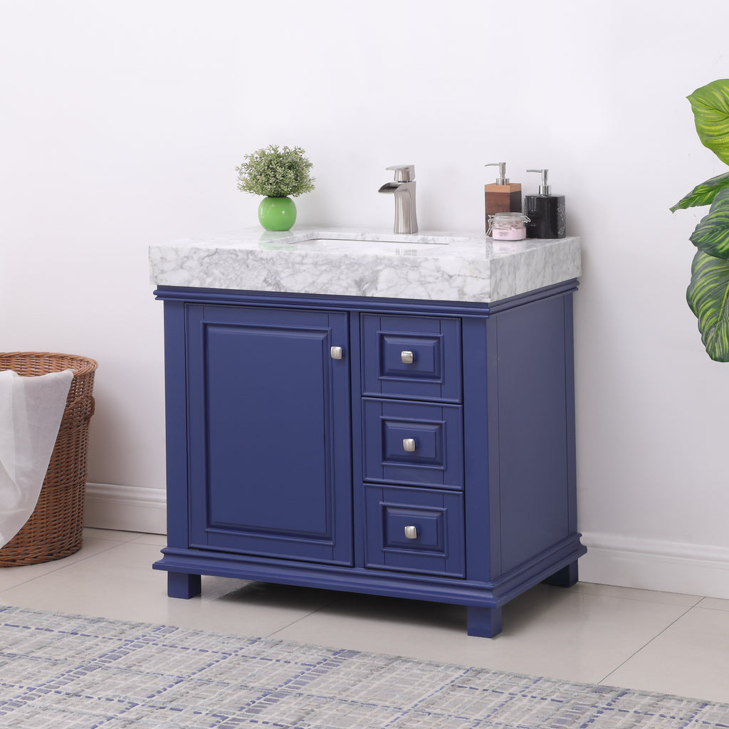 Jardin Single Bathroom Vanity Set in Jewelry Blue and Carrara White Marble Countertop