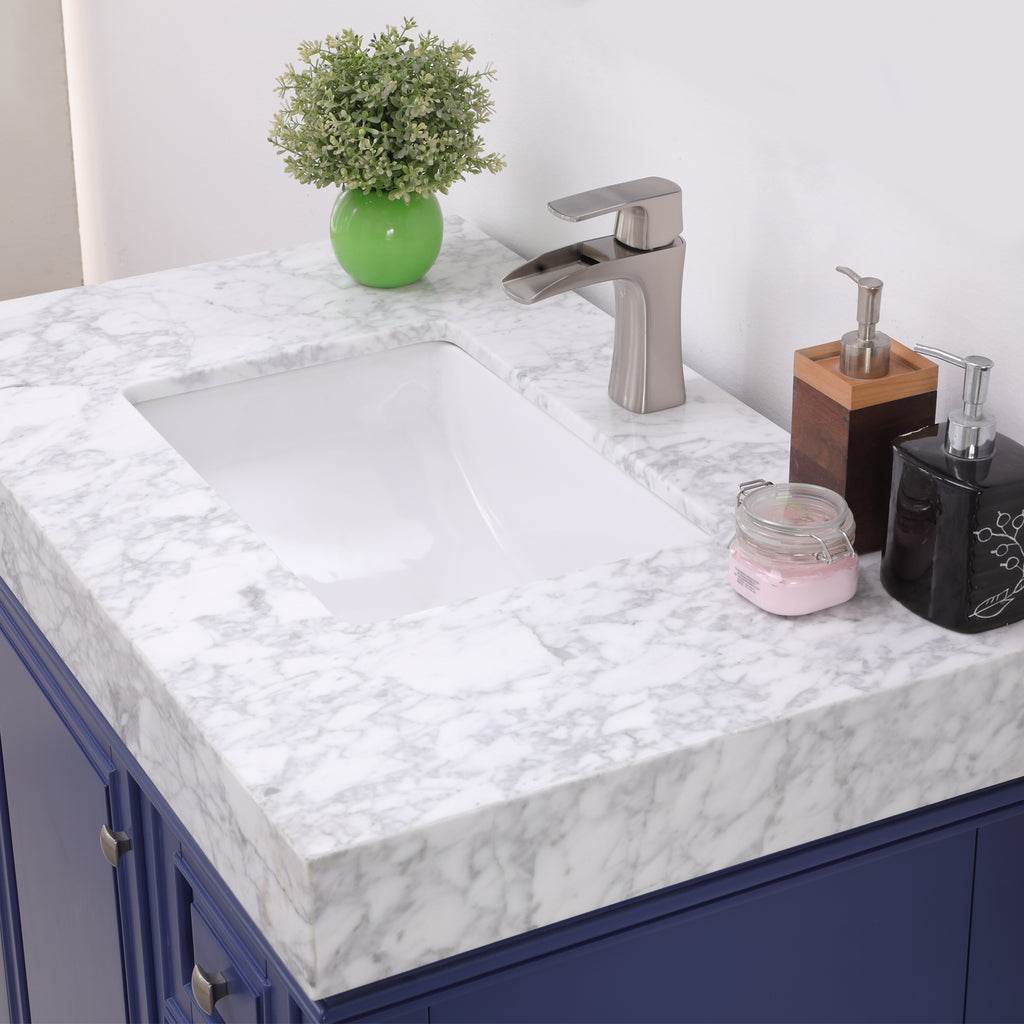 Jardin Single Bathroom Vanity Set in Jewelry Blue and Carrara White Marble Countertop
