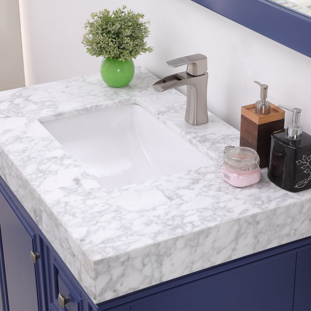 Jardin Single Bathroom Vanity Set in Jewelry Blue and Carrara White Marble Countertop