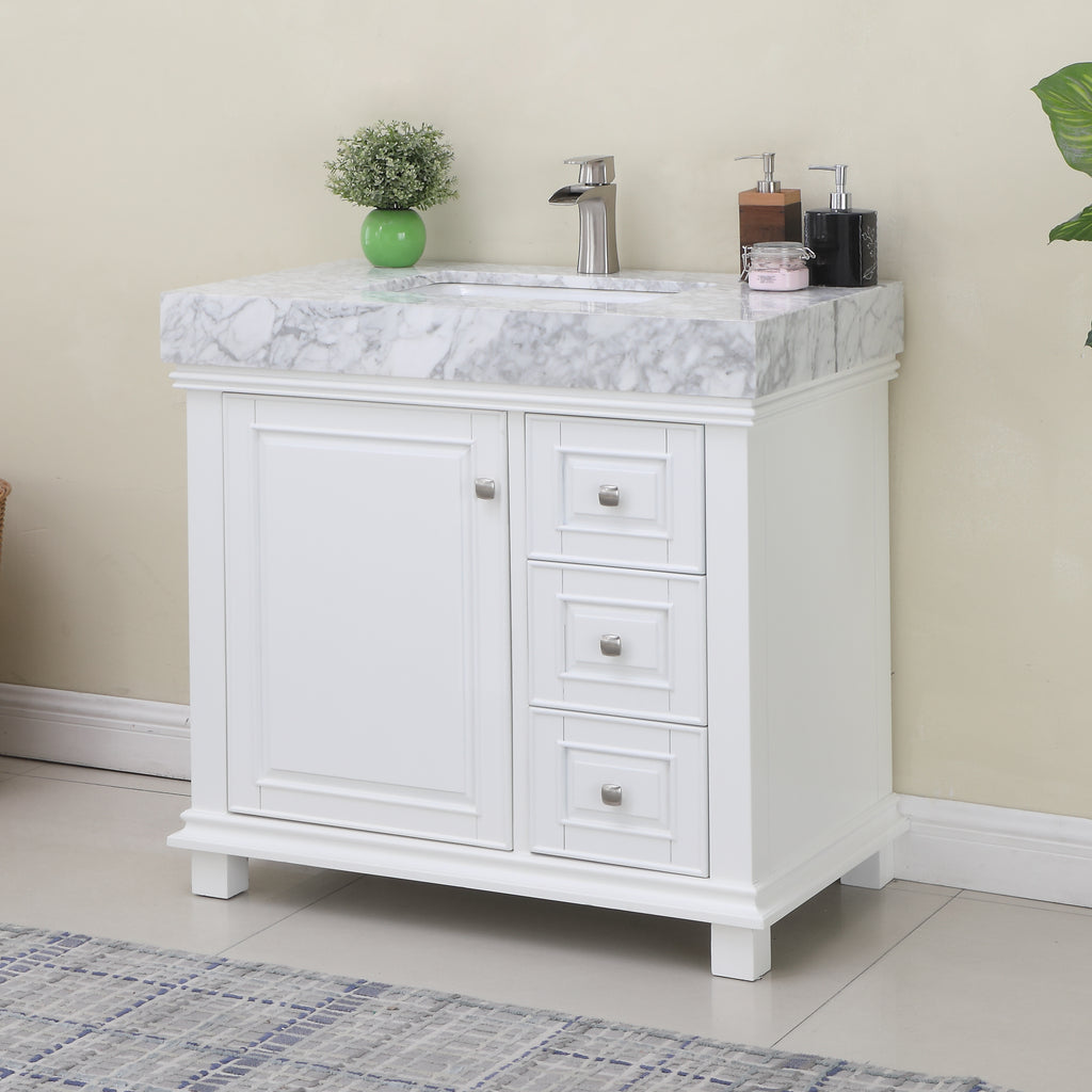 Jardin Single Bathroom Vanity Set in Jewelry Blue and Carrara White Marble Countertop