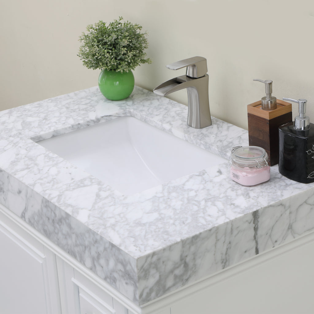 Jardin Single Bathroom Vanity Set in Jewelry Blue and Carrara White Marble Countertop