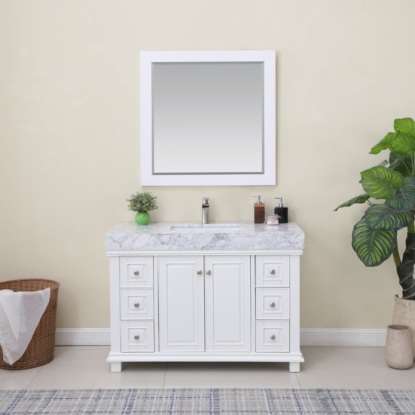 Jardin Single Bathroom Vanity Set in Jewelry Blue and Carrara White Marble Countertop with Mirror