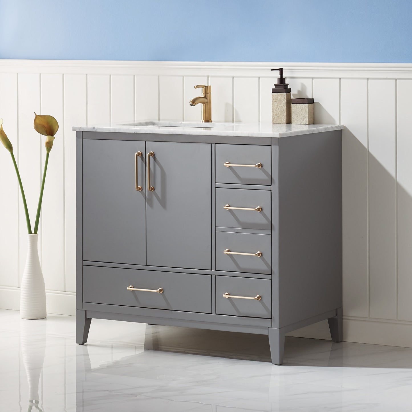 Sutton Single Bathroom Vanity Set in Gray and Carrara White Marble Countertop