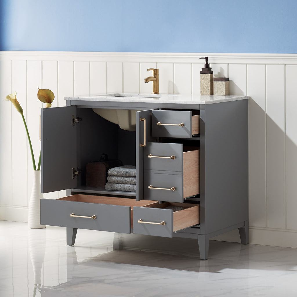 Sutton Single Bathroom Vanity Set in Gray and Carrara White Marble Countertop