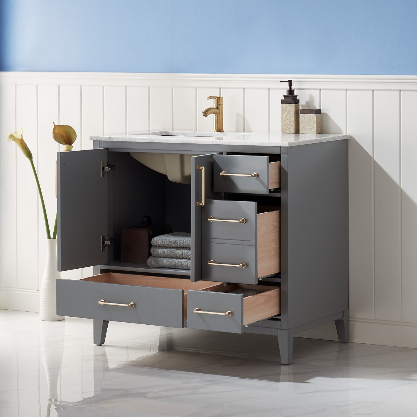 Sutton Single Bathroom Vanity Set in Gray and Carrara White Marble Countertop