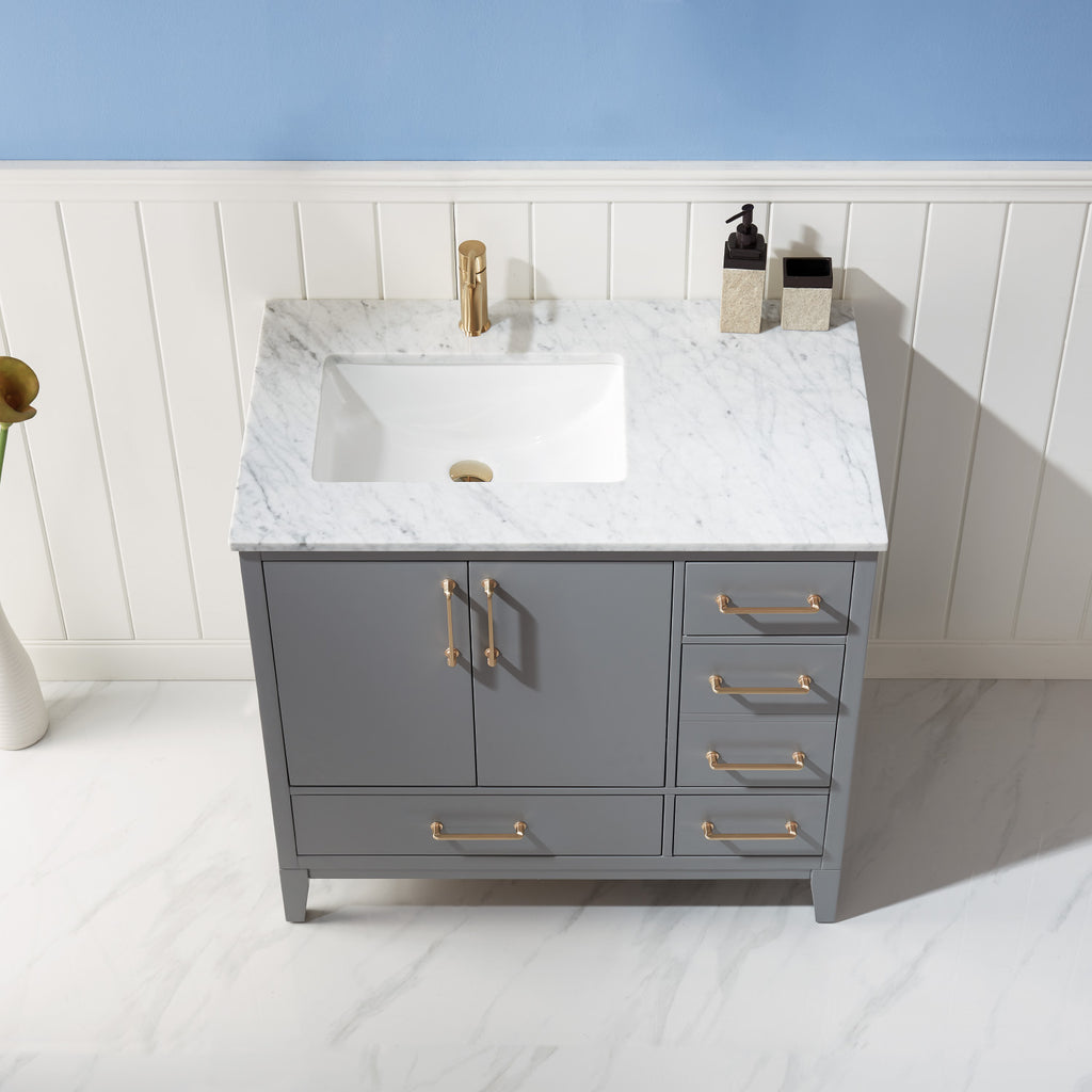 Sutton Single Bathroom Vanity Set in Gray and Carrara White Marble Countertop