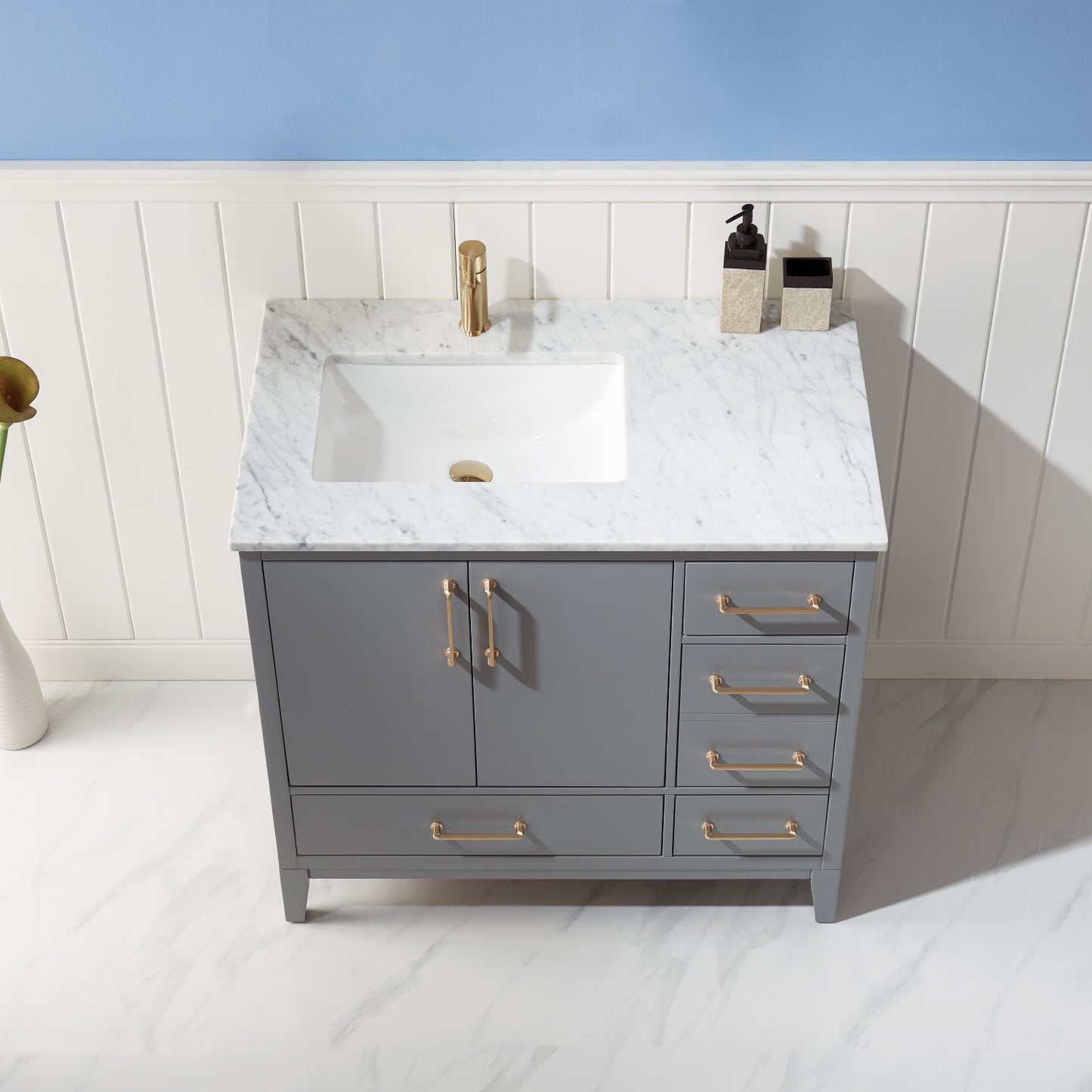 Sutton Single Bathroom Vanity Set in Gray and Carrara White Marble Countertop