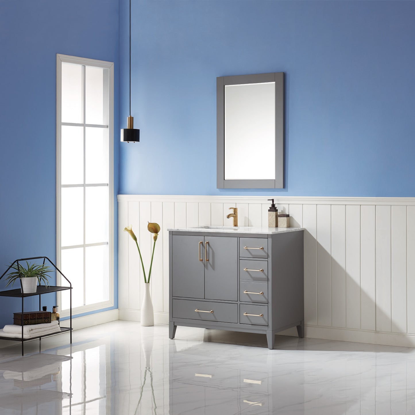 Sutton Single Bathroom Vanity Set in Gray and Carrara White Marble Countertop