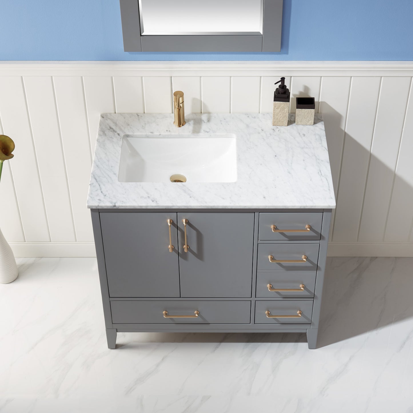 Sutton Single Bathroom Vanity Set in Gray and Carrara White Marble Countertop