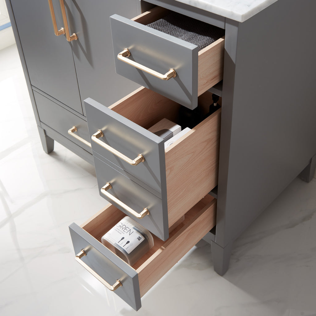 Sutton Single Bathroom Vanity Set in Gray and Carrara White Marble Countertop