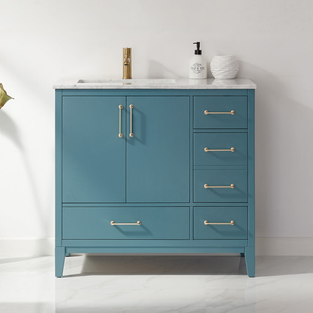 Sutton Single Bathroom Vanity Set in Gray and Carrara White Marble Countertop