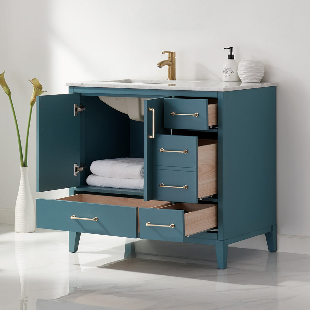 Sutton Single Bathroom Vanity Set in Gray and Carrara White Marble Countertop