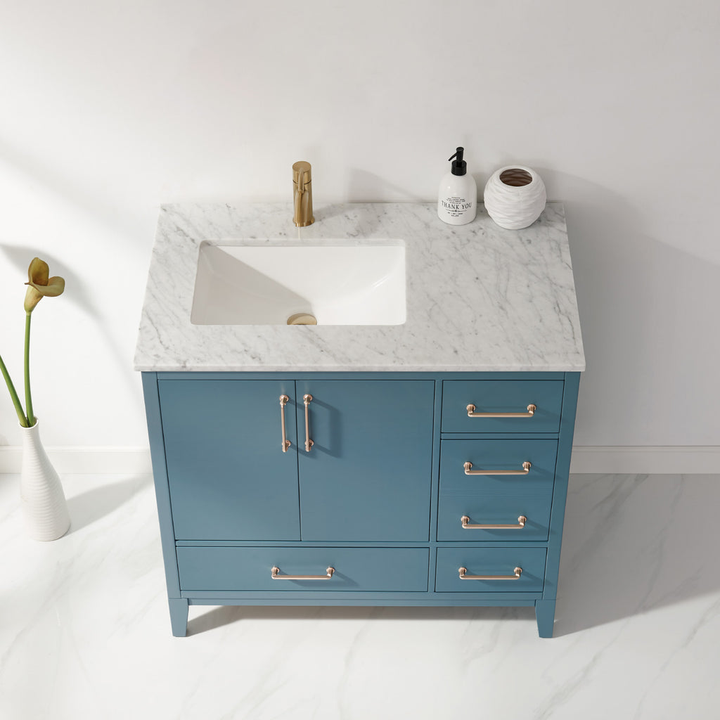 Sutton Single Bathroom Vanity Set in Gray and Carrara White Marble Countertop