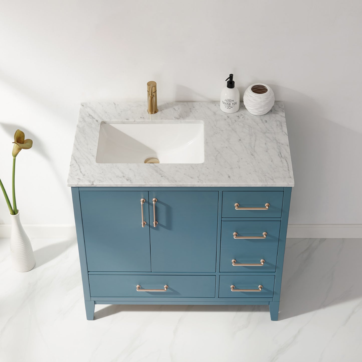 Sutton Single Bathroom Vanity Set in Gray and Carrara White Marble Countertop
